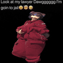 a girl in a red hoodie says look at my lawyer dawg