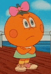 a cartoon orange with a pink bow on her head is standing on a pier .
