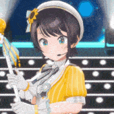 a girl with a sunflower on her head is holding a umbrella