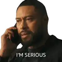 a man with a beard is talking on a cell phone and the words i 'm serious are visible