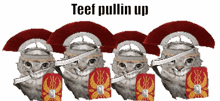 a group of cats wearing helmets and shields with the words teef pullin up below them