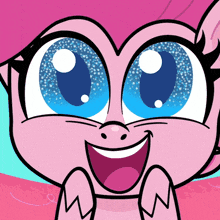 a close up of a cartoon character with blue eyes