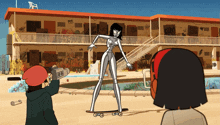a cartoon drawing of a woman on a skateboard with a camera and headphones