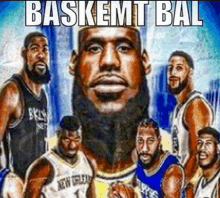 a group of basketball players standing next to each other with the words baskemmt bal written above them .