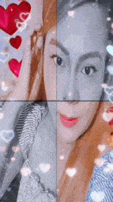 a woman 's face is surrounded by hearts in a collage of four pictures