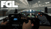 a person holding a steering wheel with the number 294 on the screen