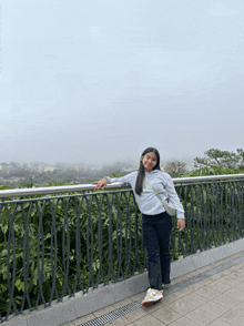 a girl leaning on a railing with a foggy sky in the background