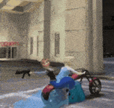 anna and elsa from frozen are riding a motorcycle on a street .