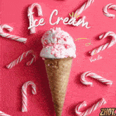an ice cream cone surrounded by candy canes with the words ice cream vanilla written above it