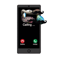 a phone with a mustache on the screen says calling