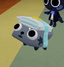 a cartoon character is standing next to a gray dog with a star on its head