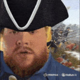 a man with a beard is wearing a pirate hat with a white x on it