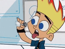 a cartoon character is sticking out his tongue while holding a small object .