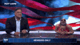a man and a woman are sitting at a table with the words members only on it