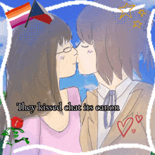 a drawing of two girls kissing with the words " they kissed chat its canon "