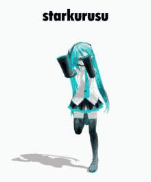 a picture of hatsune miku with the words starkurusu written above her
