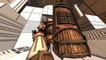 a video game character is holding a shield in a room