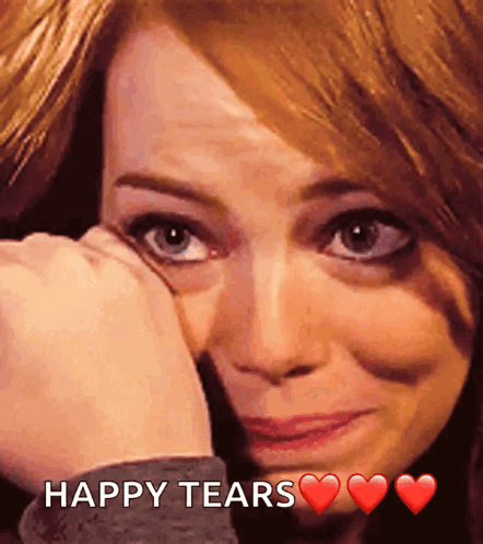 a woman is crying with the words happy tears written below her