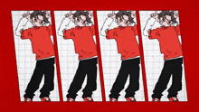 a drawing of a boy in a red shirt and black pants is repeated on a red background