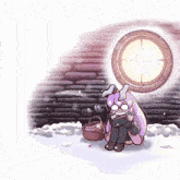 a cartoon drawing of a purple rabbit sitting in the snow