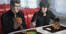 two anime characters are sitting at a table eating hamburgers and drinking soda
