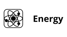 a black and white icon of an atom with the word energy underneath it