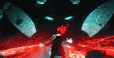 a painting of a man standing in front of a giant monster with glowing eyes