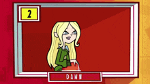 a cartoon of dawn from total drama is sitting in front of a red background .