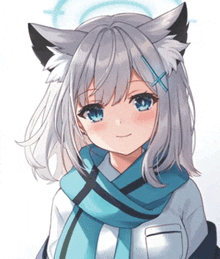 a close up of a anime girl with a scarf around her neck and cat ears .