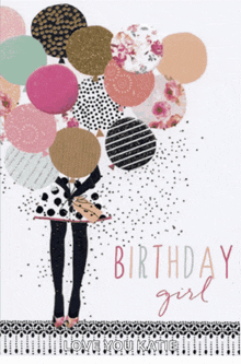 a birthday card with a girl holding balloons and the words " birthday girl "