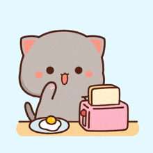 a cartoon cat is sitting at a table eating eggs and toast