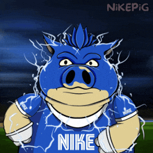 a cartoon pig is wearing a blue nike shirt