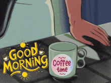 a cartoon drawing of a coffee mug that says good morning