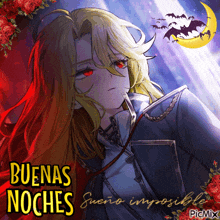 a picture of a girl with red eyes and the words buenas noches on the bottom