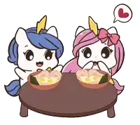 two unicorns are sitting at a table with bowls of noodles
