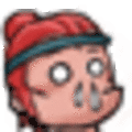 a close up of a cartoon character wearing a red hat with a skull on it .