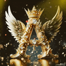 a gold letter a with wings and a crown on top