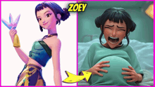 a cartoon character with the name zoey next to a pregnant woman