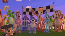 a bunch of cartoon dogs are standing in front of a checkered flag