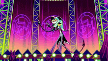 a cartoon character is standing on a stage holding a microphone and a sword .
