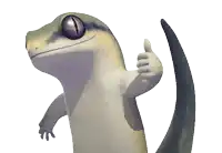 a lizard is giving a thumbs up and has a long tail