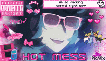 a picture of a girl with glasses and the word hot mess