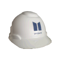 a white hard hat with a blue logo that says projects