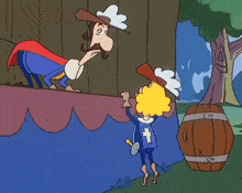 a cartoon of a man and a woman standing next to a barrel ..