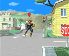 a stop sign is in front of a cartoon character