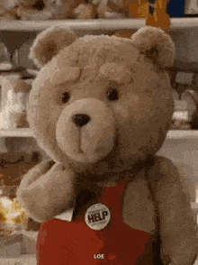 a teddy bear wearing a red apron and a help button is standing in a refrigerator .