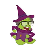 a cartoon character with glasses and a witch hat