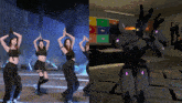 a group of girls dancing next to a robot