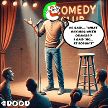 a cartoon of a man giving a comedy show with a sign that says comedy