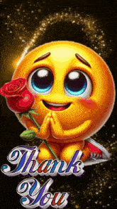 a smiley face holding a red rose with the words thank you written below it